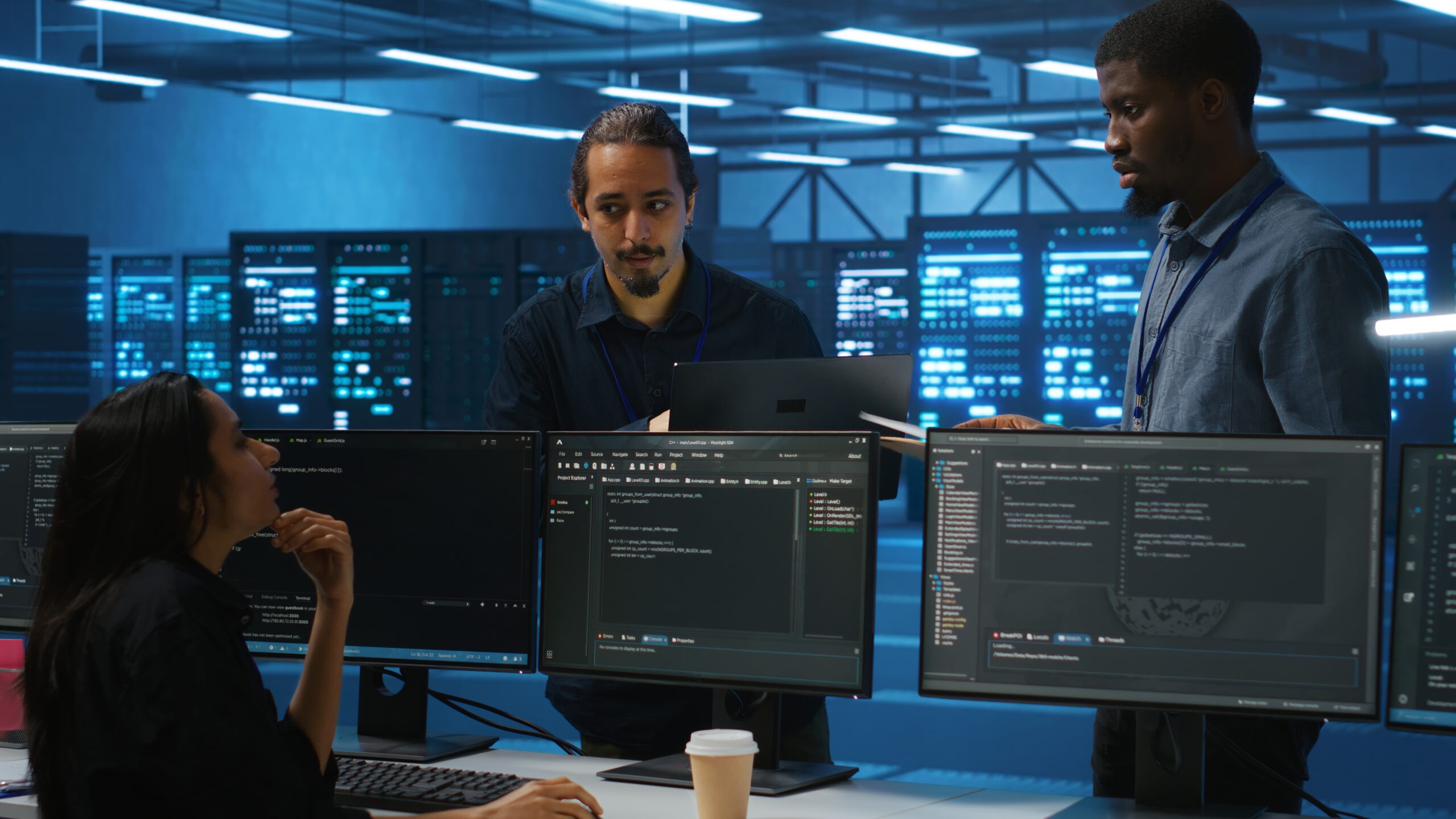 Man inspecting server farm, reading paperwork, following inspection checklist, talking with employees. Supervisor doing checkup in data center workplace, verifying reports files